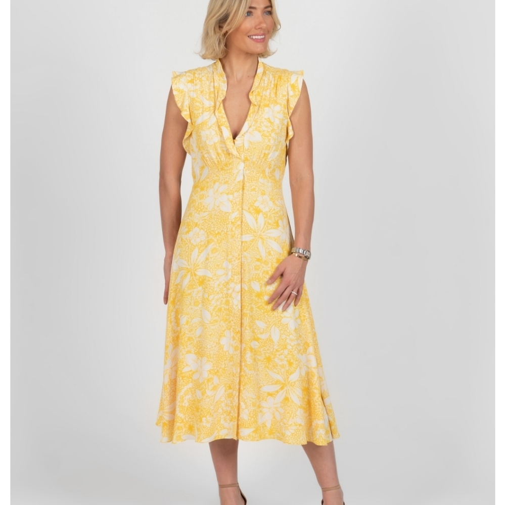 TAYLOR RUFFLED YELLOW FLORAL SMOCKED WAIST SHIRT DRESS IN SIZE 10 NWT